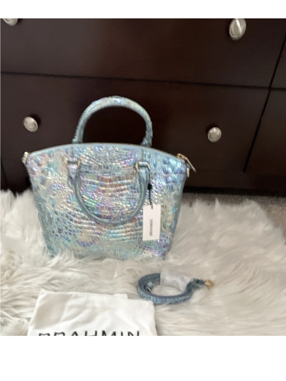 Brahmin wonderland Iridescent Aqua Blue Croc-Embossed Duxbury Satchel - Picture 5 of 8
